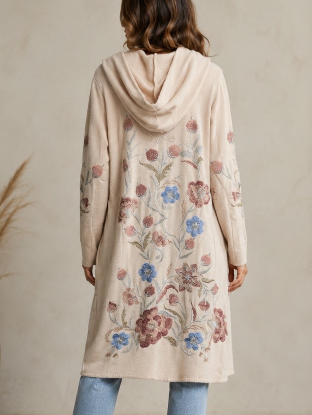 Rare Johnny Was Biya Cream Floral Embroidered Hooded Duster Sweater Size Small